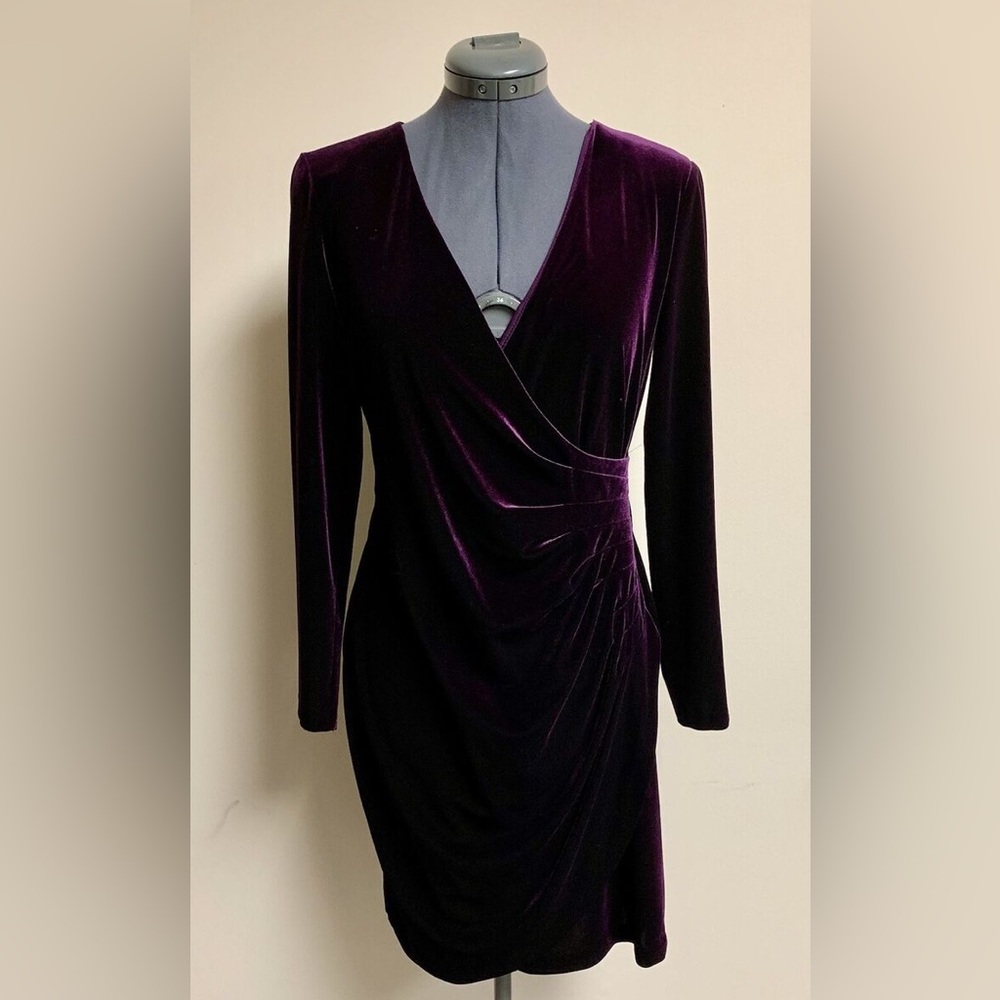 DKNY dark purple, stretch velvet, faux wrap, long sleeve, above knee dress